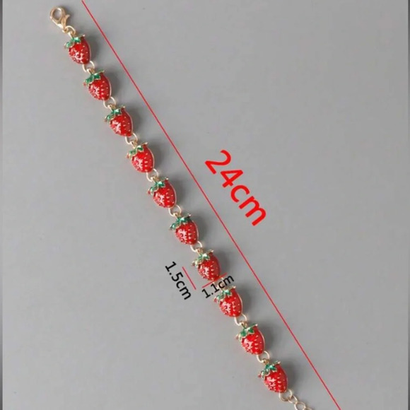 Red and gold strawberry charm bracelet spring summer casual cheerful fruit cute - Picture 2 of 5